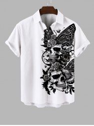 Plus Size Skulls Floral Butterfly Two Tone Print Halloween Button Pocket Shirt For Men -  