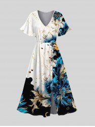 Abstract Print Ombre V Neck Flare Sleeve Slit Dress -  