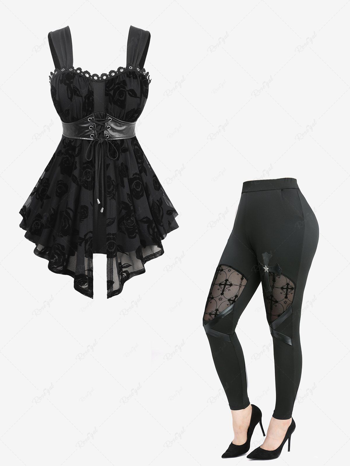 Trendy Rose Flowers Flocking Mesh Lace-up Asymmetrical Tank Top and Patchwork Leggings Plus Size Outfit  