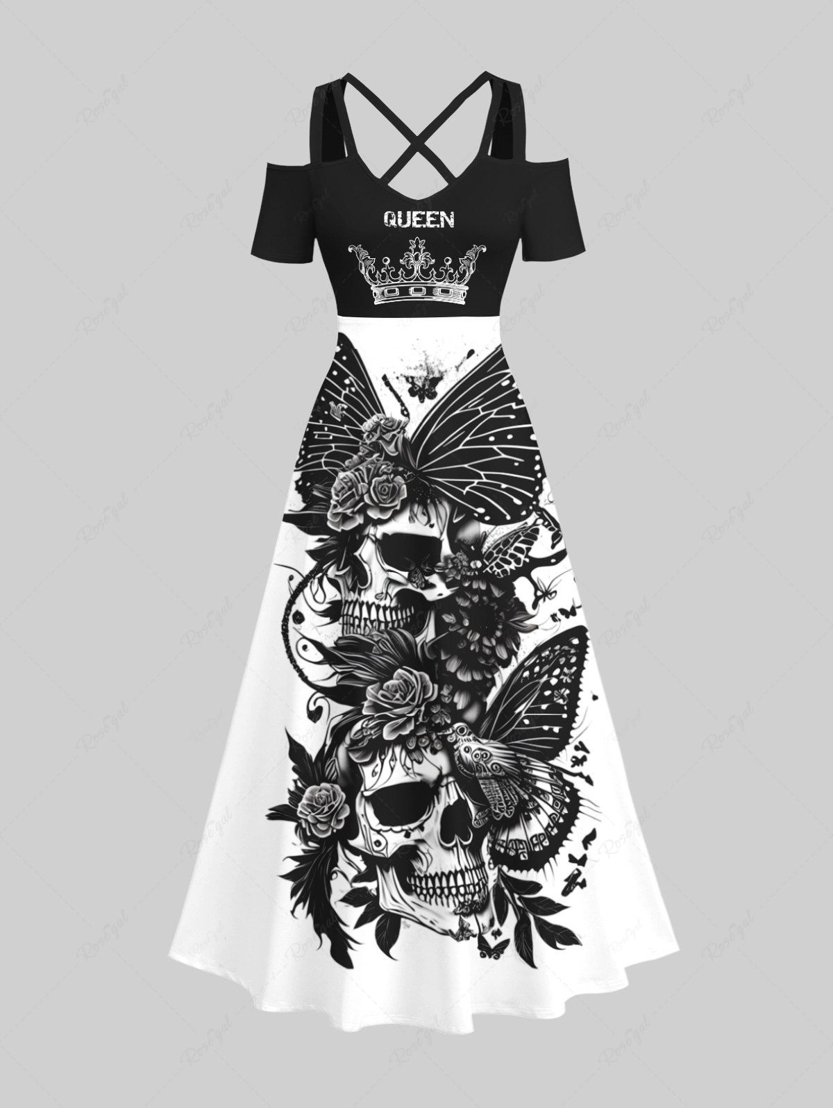 Maxi Robe Ligne A D'Halloween Croisée Papillon et Crâne Imprimés de Grande Taille Multi-A 2X