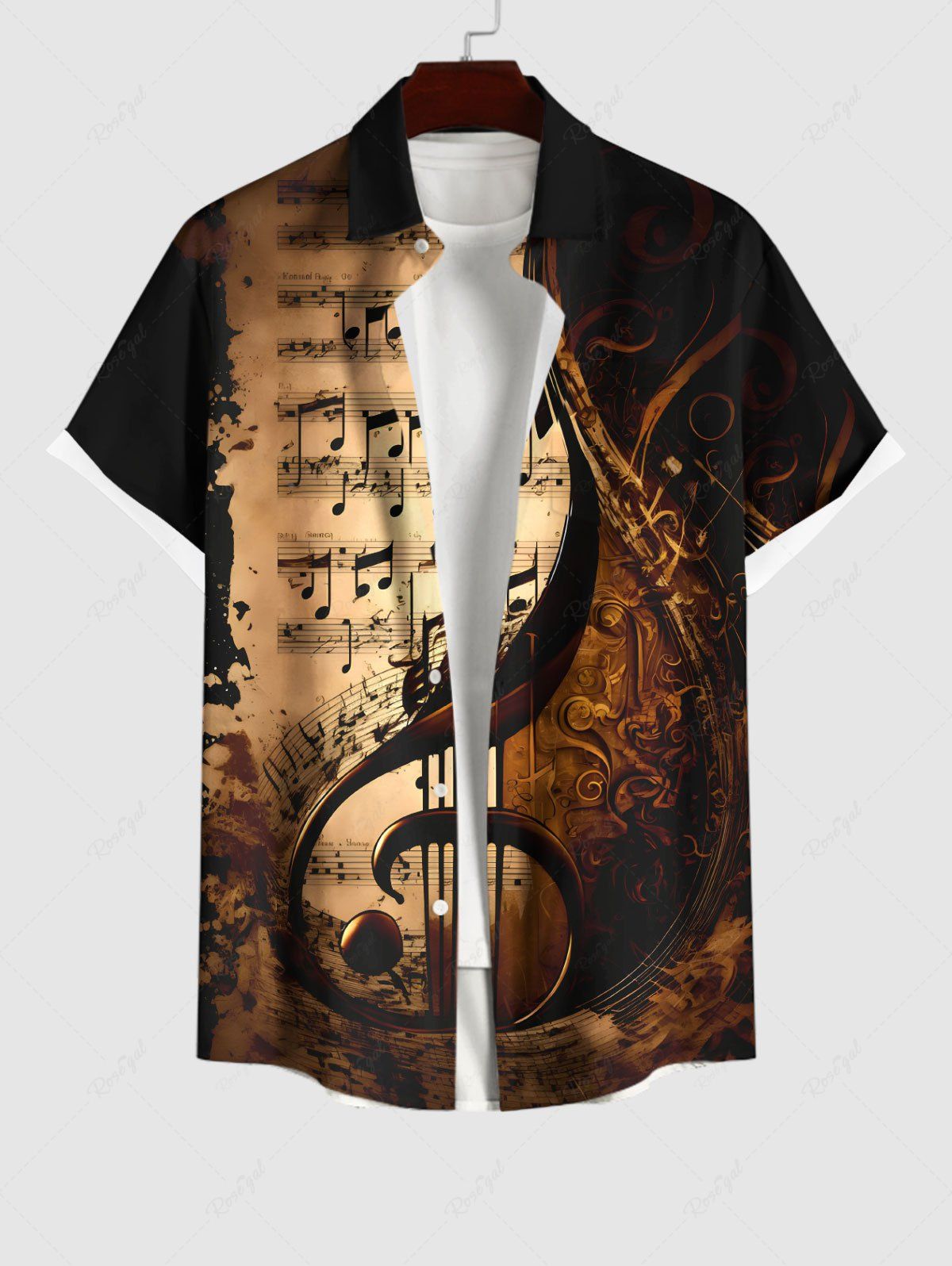 Online Plus Size Distressed Music Note Print Halloween Button Pocket Shirt For Men  