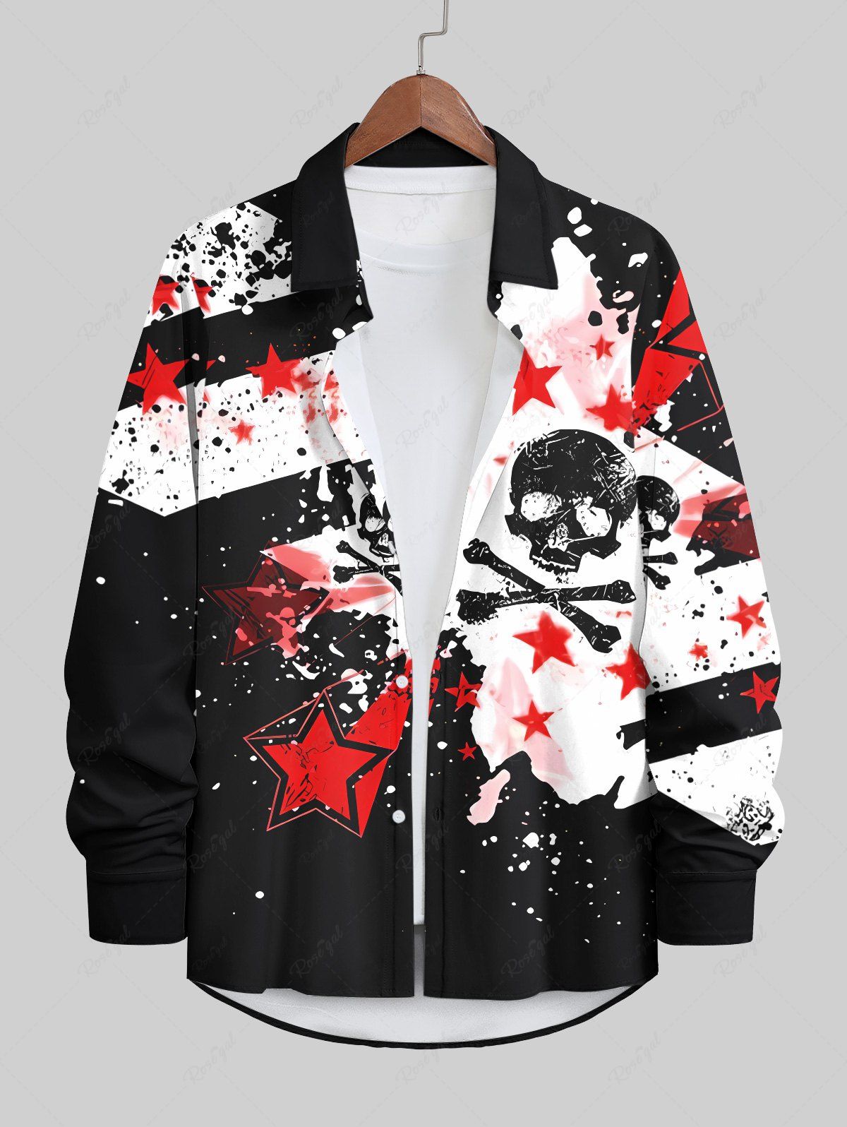 Fancy Plus Size Ink Painting Splatter Skull Star Striped Print Halloween Button Shirt For Men  