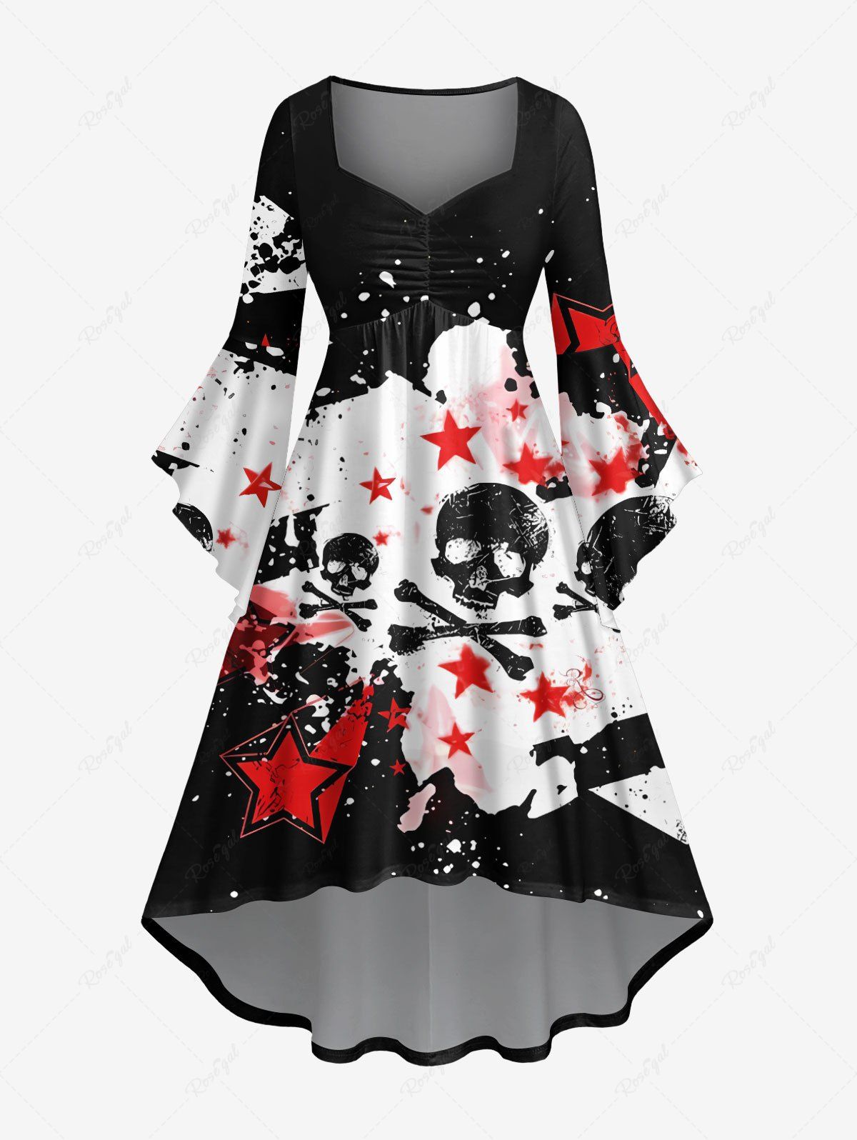 Robe D'Halloween Asymétrique Haute Basse Crâne Peinture Eclaboussée Imprimée de Grande Taille Noir 5X