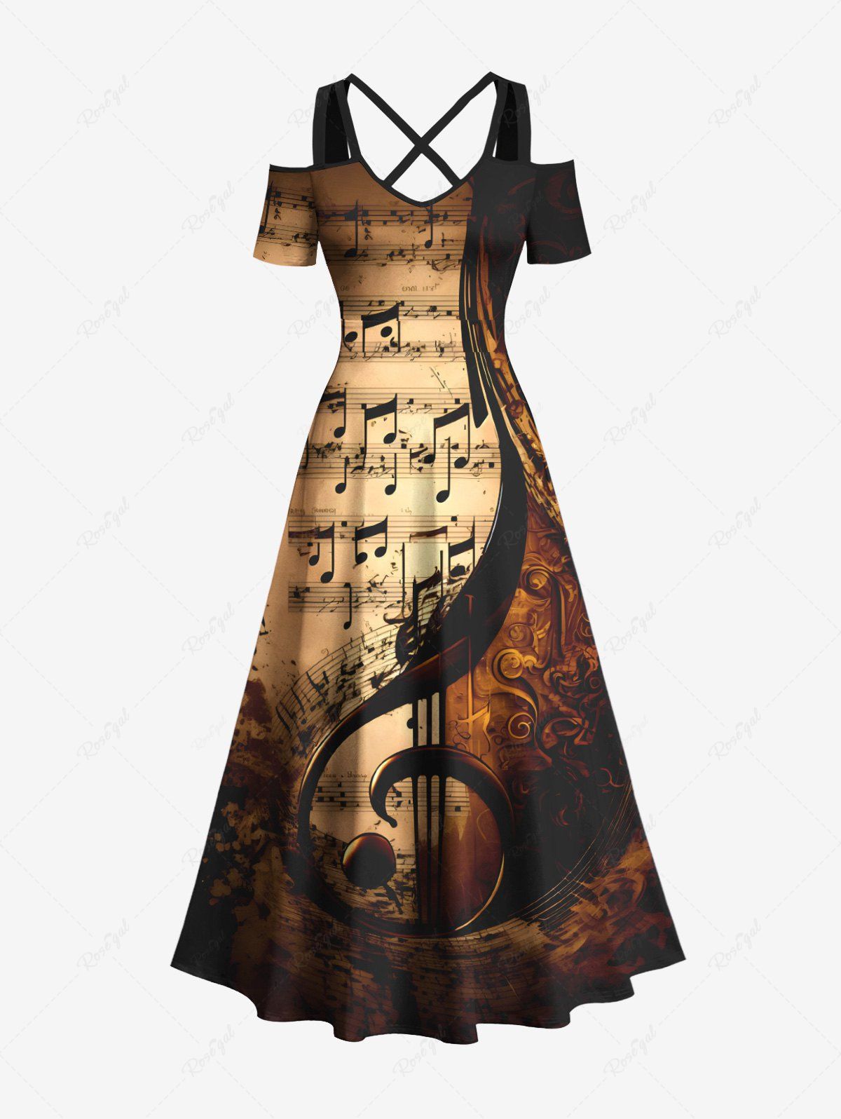 Trendy Plus Size Distressed Music Note Print Halloween Costume Crisscross A Line Maxi Dress  