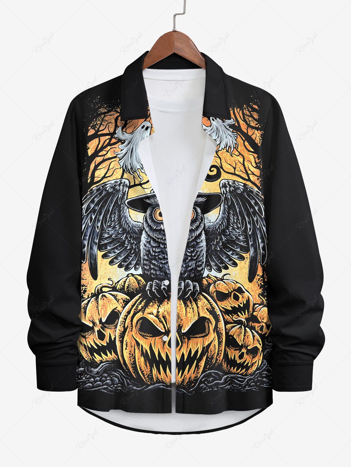 Online Plus Size Halloween Costume Pumpkin Ghost Owl Tree Print Buttons Long Sleeve Shirt For Men  
