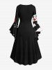 Robe D'Halloween Asymétrique Haute Basse Crâne Peinture Eclaboussée Imprimée de Grande Taille - Noir 5X
