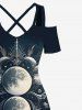 Maxi Robe D'Halloween Croisée Fleur et Lune Imprimées à Epaule Dénudée de Grande Taille - Noir 1X