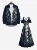 Maxi Robe D'Halloween Croisée Fleur et Lune Imprimées à Epaule Dénudée de Grande Taille - Noir 1X