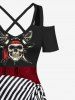Plus Size Halloween Costume Pirate Skull Striped Skirt 3D Print Cold Shoulder Crisscross Maxi Dress -  