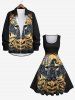 Robe D'Halloween Vintage Citrouille Hibou et Fantôme Imprimés Grande Taille - Noir XS