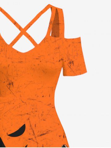 Halloween Costume Pumpkin Face Colorblock Ripped Lace Up 3D Print Plus Size Matching Outfit For Couples