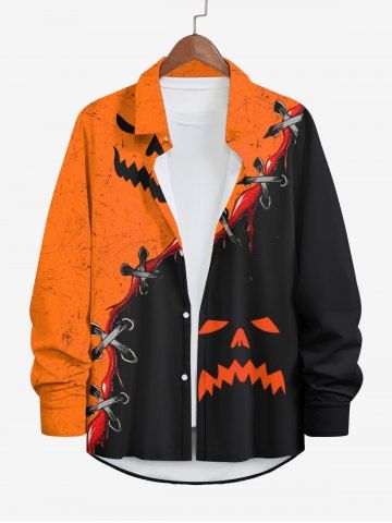 Plus Size Halloween Costume Pumpkin Face Colorblock Ripped Lace Up 3D Print Long Sleeve Buttons Shirt For Men - MULTI-A - 7XL