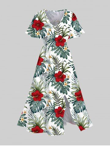 Plus Size Tropical Leaf Hibiscus Flower Print Split Hawaii Midi Dress - MULTI-A - L