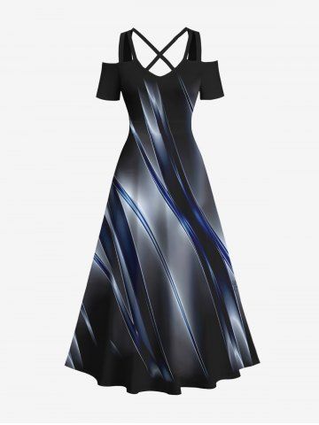 Plus Size Ombre Glitter Light Beam 3D Print Cold Shoulder Crisscross Hawaii Maxi Dress - BLACK - XS