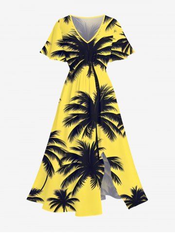 Plus Size Coconut Tree Print Split Hawaii Midi Dress - YELLOW - XS