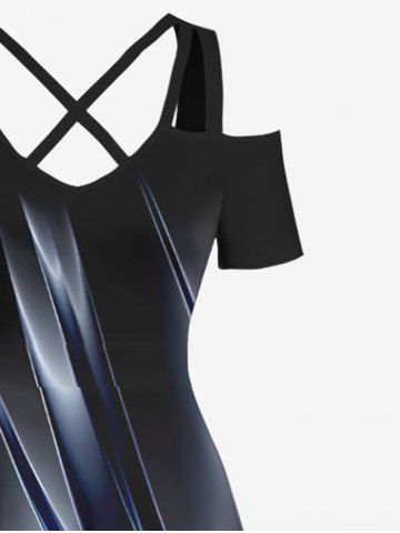 Plus Size Ombre Glitter Light Beam 3D Print Cold Shoulder Crisscross Hawaii Maxi Dress