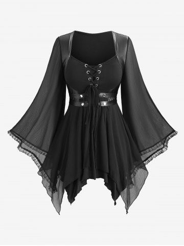 Plus Size Lace-up PU Leather Patchwork Lace Trim Asymmetrical Flare Sleeve Top - BLACK - L | US 12