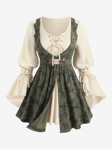 Plus Size Lace Up Panel Butterfly Print Chain Buckle Textured Poet Sleeves 2 In 1 Top - GREEN - M | US 10