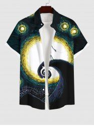 Plus Size Halloween Oil Painting Galaxy Moon Skeleton Dancer Fence Print Buttons Pocket Shirt For Men -  