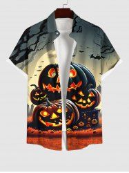 Plus Size Halloween Costume Pumpkin Latern Bat Moon Tree Print Buttons Pocket Shirt For Men -  