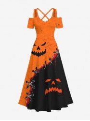 Maxi Robe D'Halloween 3D Citrouille Croisée en Blocs de Couleurs à Epaule Dénudée de Grande Taille à Lacets - Multi-A M