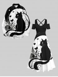 Ensemble Costume D'Halloween pour Couples en Forme de Coeur Fleurs et Fantôme Grande Taille - Noir 