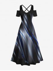 Plus Size Ombre Glitter Light Beam 3D Print Cold Shoulder Crisscross Hawaii Maxi Dress -  