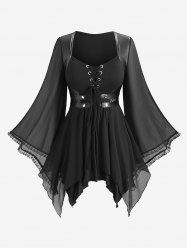 Gothic Plus Size Lace-up PU Leather Patchwork Lace Trim Asymmetrical Flare Sleeve Top -  