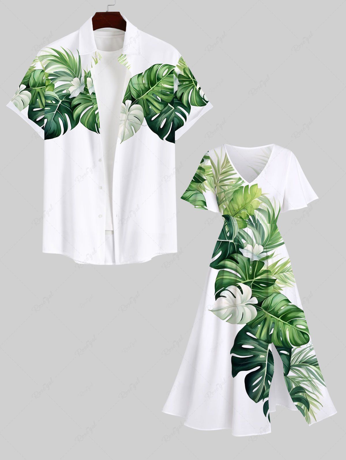 Tenue de Plage à Imprimé Feuilles Tropicales Grande-Taille pour Couples Blanc 