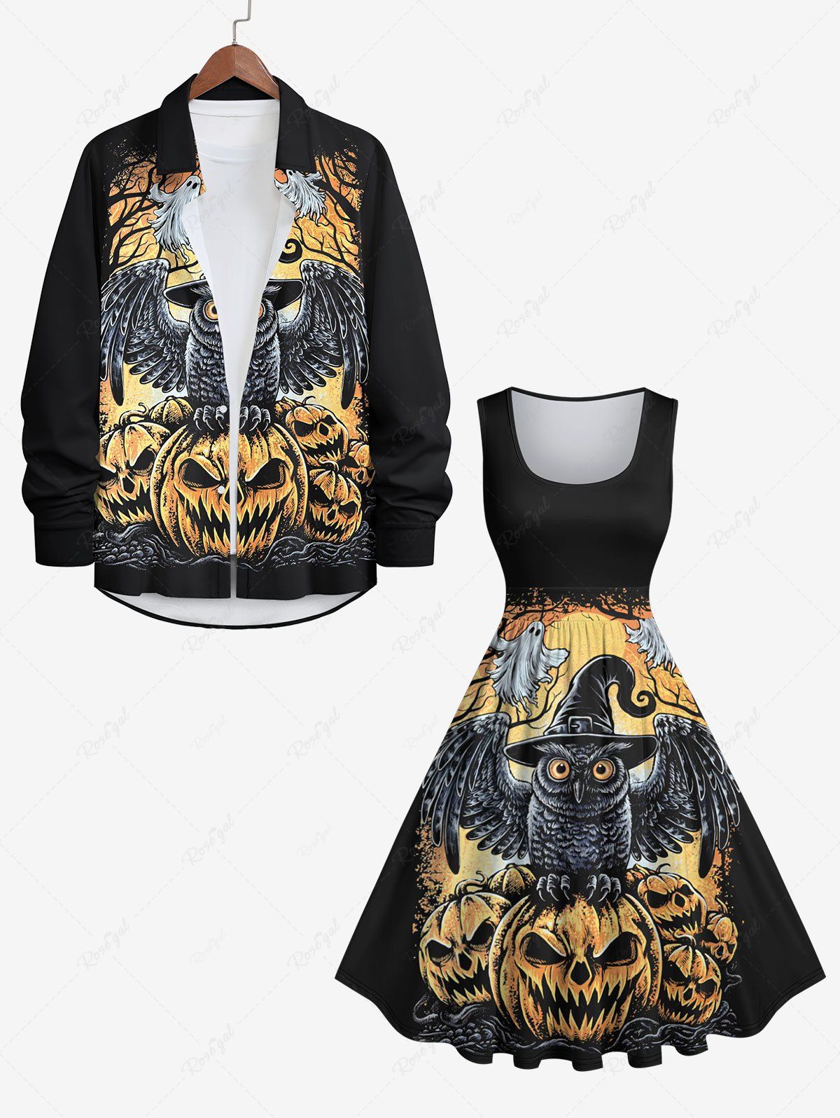 Shop Halloween Costume Pumpkin Ghost Owl Tree Print Plus Size Matching Outfit For Couples  