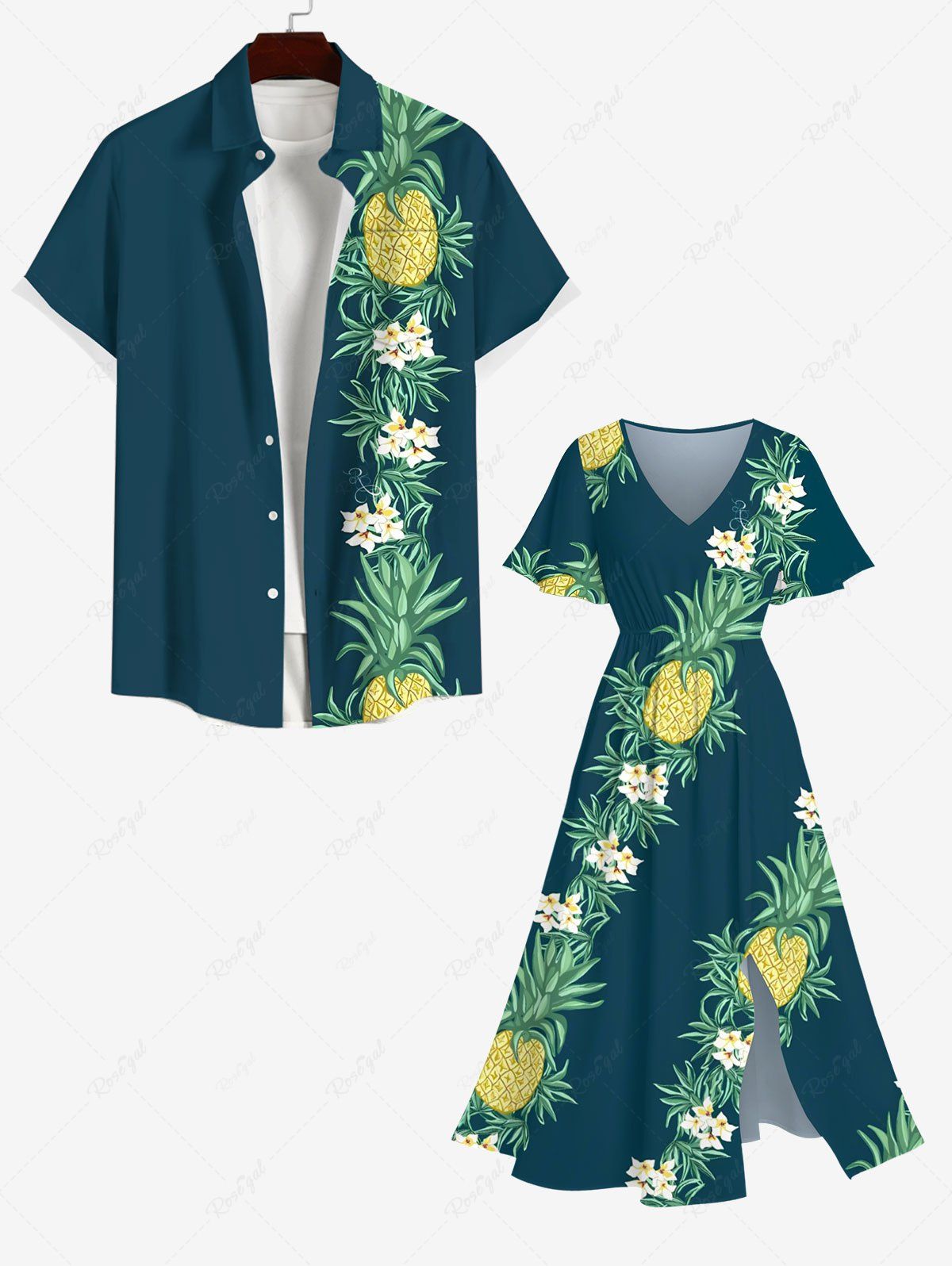 Contrastant Imprimé Feuilles Tropicales et Ananas Grande Taille Vert 