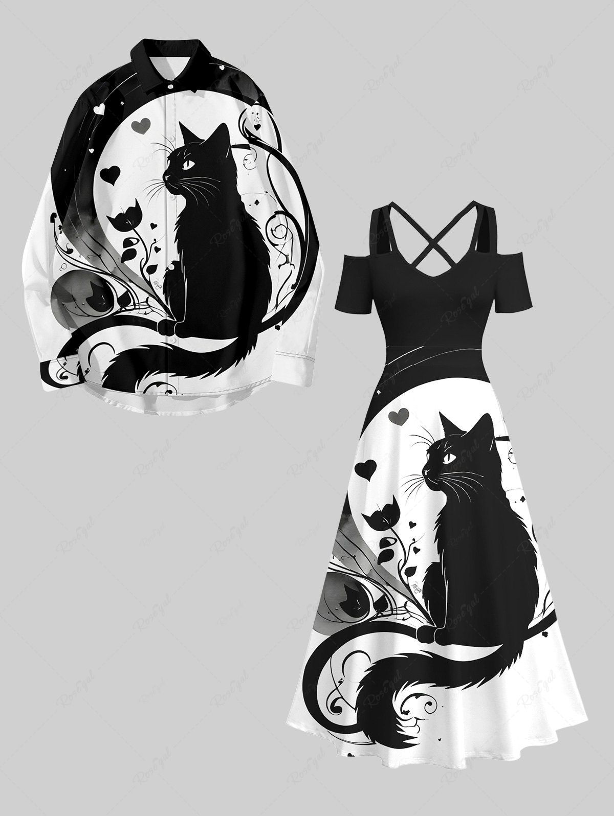 Ensemble Costume D'Halloween pour Couples en Forme de Coeur Fleurs et Fantôme Grande Taille Noir 