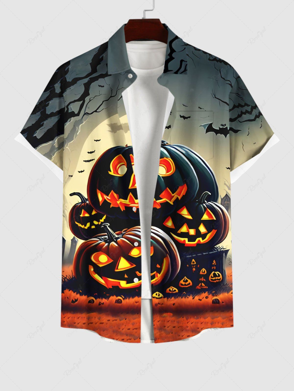 Chic Plus Size Halloween Costume Pumpkin Latern Bat Moon Tree Print Buttons Pocket Shirt For Men  