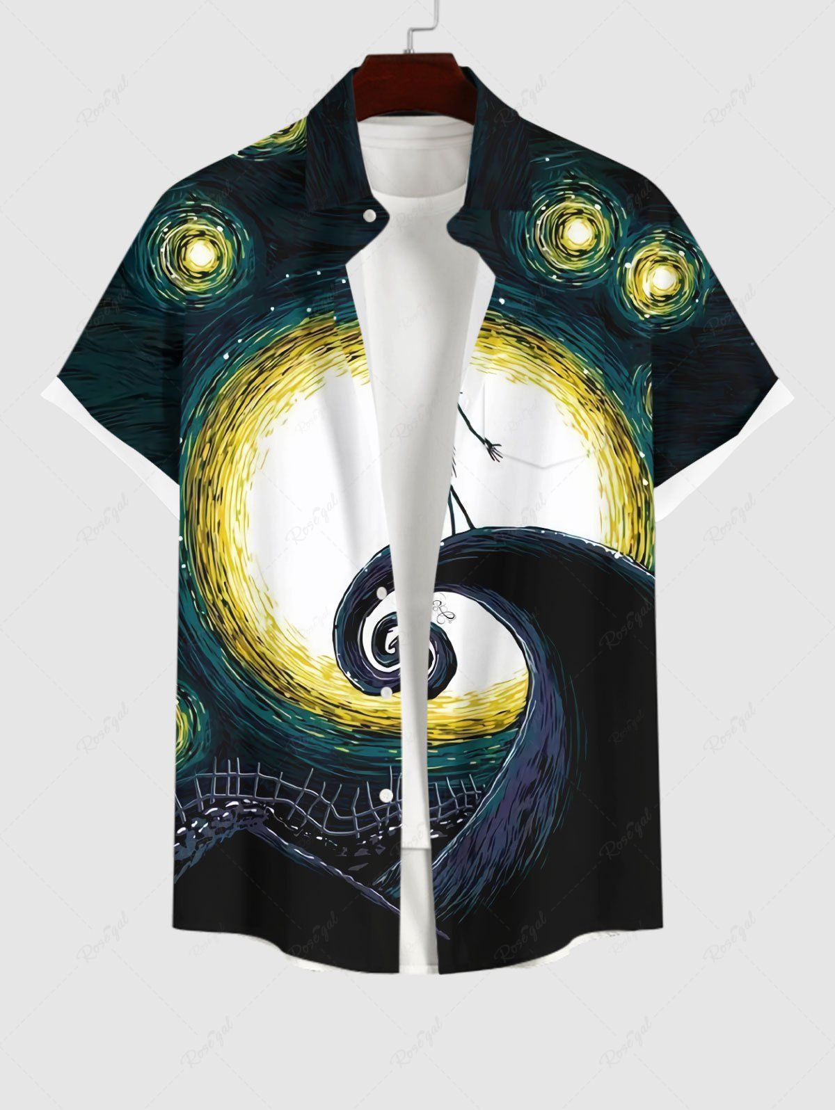 Unique Plus Size Halloween Oil Painting Galaxy Moon Skeleton Dancer Fence Print Buttons Pocket Shirt For Men  