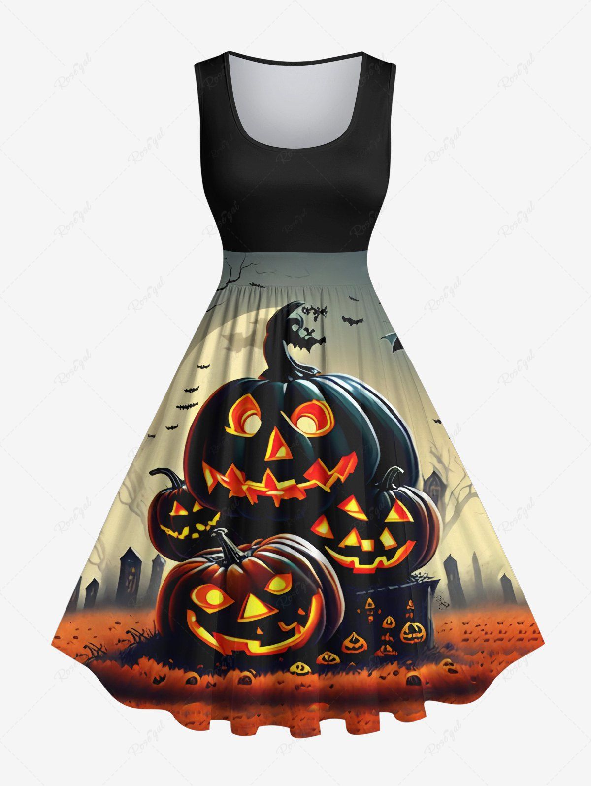 Robe D'Halloween Vintage Citrouille et Chauve-souris Imprimés Grande Taille Multi-A M