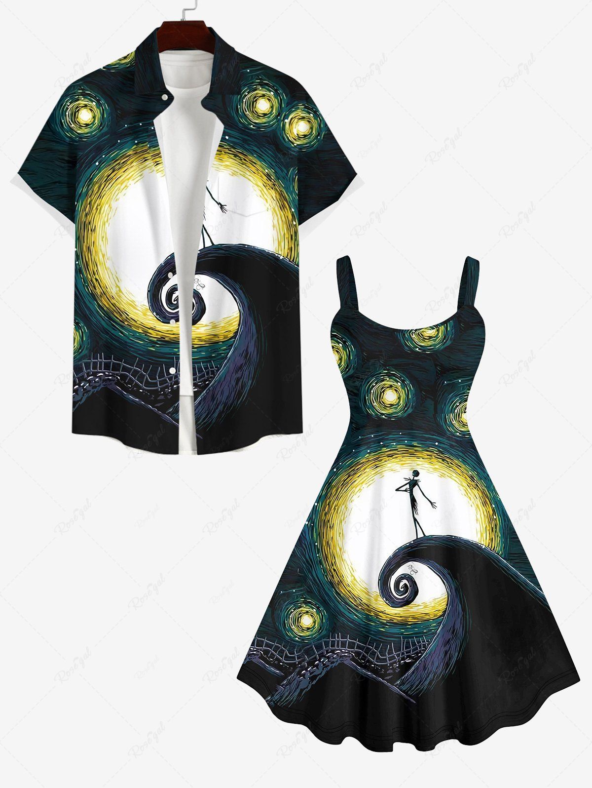 Décoration D'Halloween Robe Poupée Lune Squelette Peinture à L'huile pour Couples Noir 