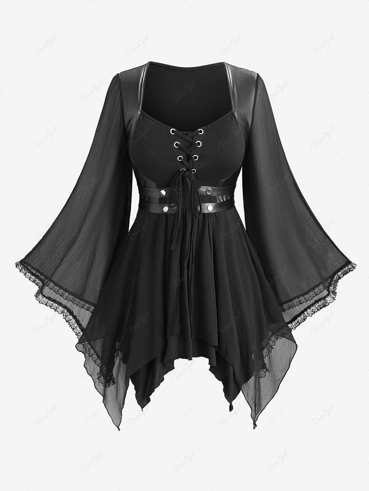 Chic Gothic Plus Size Lace-up PU Leather Patchwork Lace Trim Asymmetrical Flare Sleeve Top  