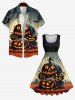 Robe D'Halloween Vintage Citrouille et Chauve-souris Imprimés Grande Taille - Multi-A L