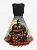 Robe D'Halloween Vintage Citrouille et Chauve-souris Imprimés Grande Taille - Multi-A 5X