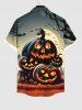 Plus Size Halloween Costume Pumpkin Latern Bat Moon Tree Print Buttons Pocket Shirt For Men -  