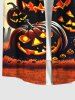 Plus Size Halloween Costume Pumpkin Latern Bat Moon Tree Print Buttons Pocket Shirt For Men -  