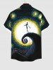 Plus Size Halloween Oil Painting Galaxy Moon Skeleton Dancer Fence Print Buttons Pocket Shirt For Men -  