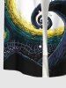 Plus Size Halloween Oil Painting Galaxy Moon Skeleton Dancer Fence Print Buttons Pocket Shirt For Men -  