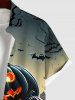 Plus Size Halloween Costume Pumpkin Latern Bat Moon Tree Print Buttons Pocket Shirt For Men -  