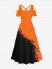 Maxi Robe D'Halloween 3D Citrouille Croisée en Blocs de Couleurs à Epaule Dénudée de Grande Taille à Lacets - Multi-A 3X