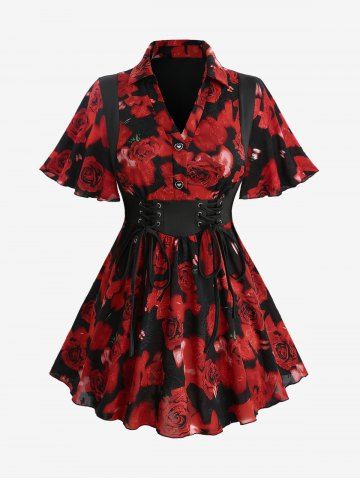 Plus Size Rose Flower Print Jacquard Lace Up Heart Buttons Blouse - RED - 1X | US 14-16