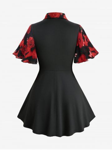 Gothic Plus Size Rose Flower Print Jacquard Lace Up Heart Buttons Blouse