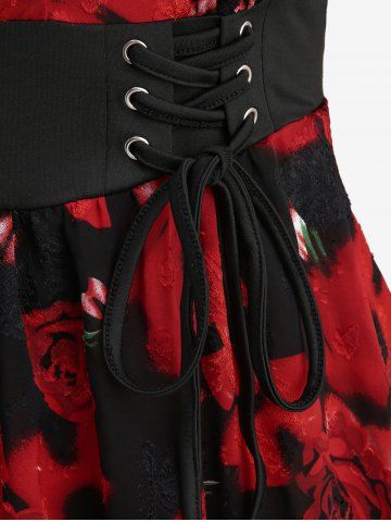 Gothic Plus Size Rose Flower Print Jacquard Lace Up Heart Buttons Blouse