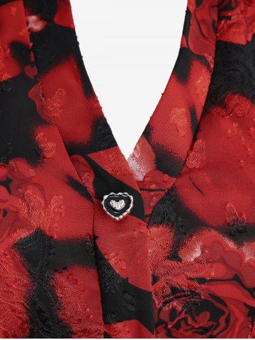 Gothic Plus Size Rose Flower Print Jacquard Lace Up Heart Buttons Blouse