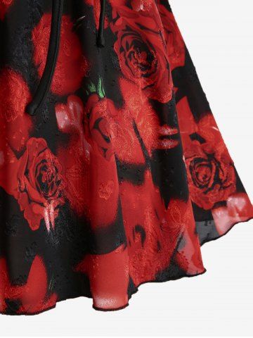 Gothic Plus Size Rose Flower Print Jacquard Lace Up Heart Buttons Blouse